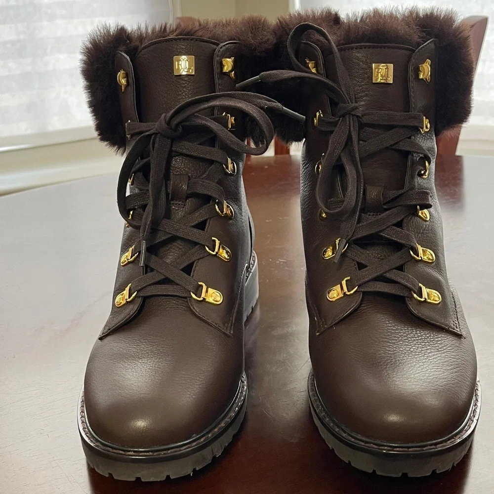 Ralph Lauren Dark Brown Lace-Up Boots with Gold Accents;NWOT. - Picture 1 of 8